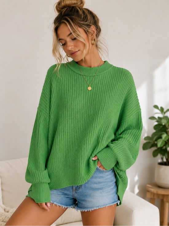 aerie Sweaters - Aerie Ribbed Oversized Mock Neck Sweater Green Size Small Slouchy Knit